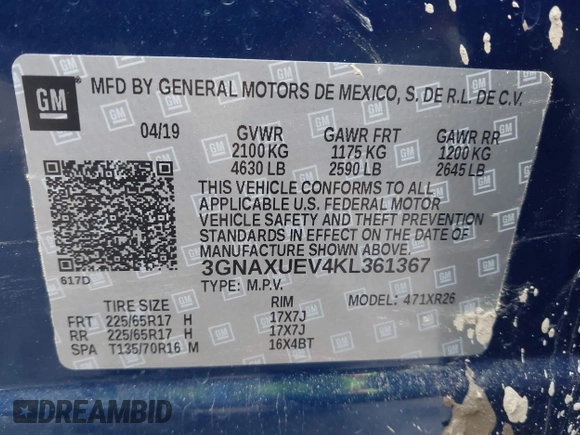 2019 Chevrolet Equinox LT with VIN 3GNAXUEV4KL361367, listed as a IAAI auction lot 41931983 with 59,115 mi miles and . Bid and sale history available at carsss.com. Image 9.