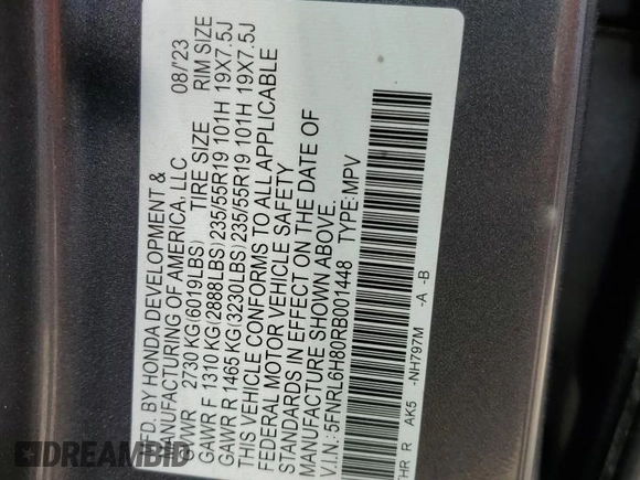 2024 Honda Odyssey Touring with VIN 5FNRL6H80RB001448, listed as a Copart auction lot 54790165 with 13,716 mi miles and Salvage Title. Bid and sale history available at carsss.com. Image 13.