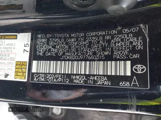 2007 Toyota Prius with VIN JTDKB20U977660315, listed as a IAAI auction lot 42097560 with 158,187 mi miles. Bid and sale history available at carsss.com. Image 9.