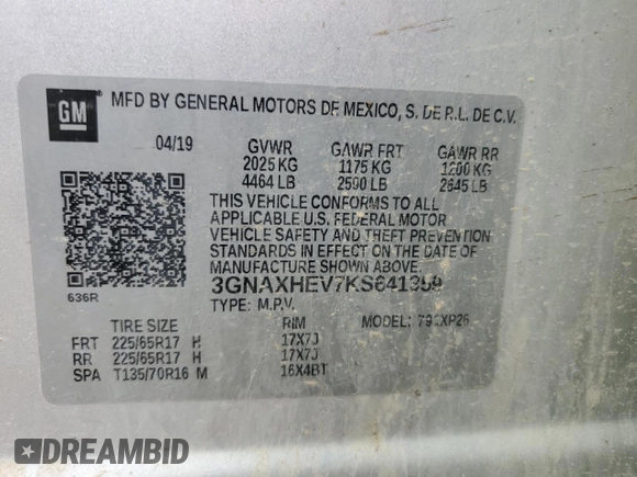 2019 Chevrolet Equinox LS with VIN 3GNAXHEV7KS641359, listed as a Copart auction lot 54582525 with 124,401 mi miles and Clean Title. Bid and sale history available at carsss.com. Image 13.