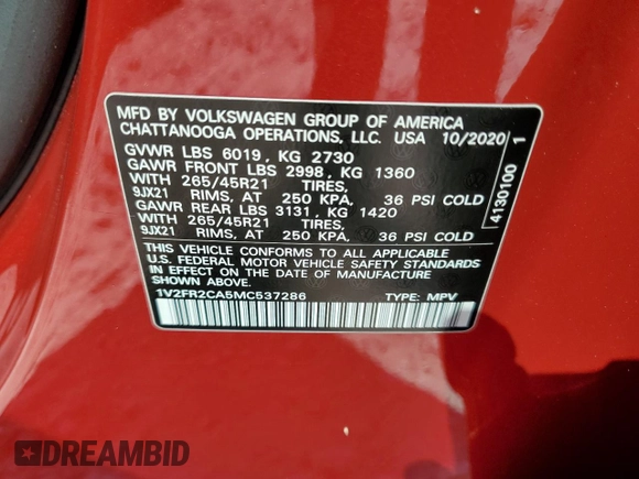 2021 Volkswagen Atlas SEL Premium R-Line with VIN 1V2FR2CA5MC537286, listed as a Copart auction lot 61811244 with 76,269 mi miles and Salvage title. Bid and sale history available at DreamBid. Image 13.