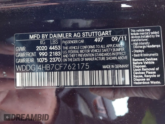 2012 Mercedes-Benz C 250 with VIN WDDGJ4HB7CF762175, listed as a IAAI auction lot 41888646 with 109,303 mi miles and . Bid and sale history available at DreamBid. Image 9.