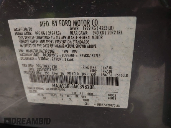 2021 Ford EcoSport Titanium z VIN MAJ6S3KL6MC398208, wystawiony jako IAAI lot #41770252 z przebiegiem 78 569 mil mil oraz . Historia ofert i sprzedaży dostępna na DreamBid. Obrazek 9.