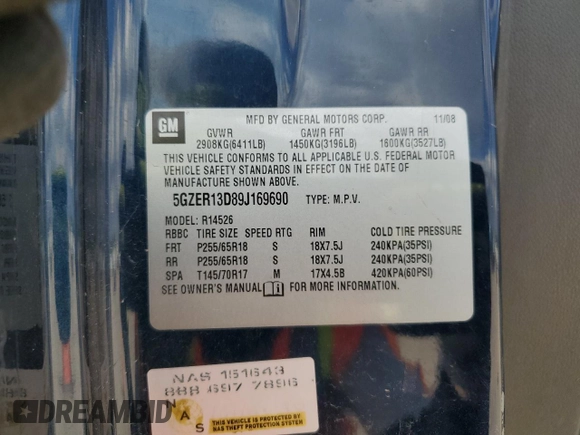 2009 Saturn Outlook XE z VIN 5GZER13D89J169690, wystawiony jako Copart lot #42984675 z przebiegiem 267 088 mil mil oraz Szkody całkowita. Historia ofert i sprzedaży dostępna na DreamBid. Obrazek 13.