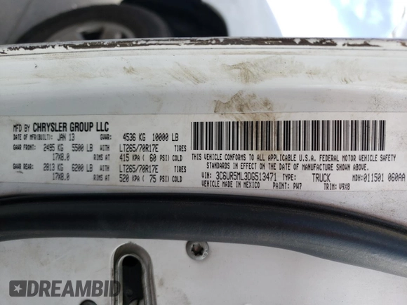 2013 Ram 2500 Big Horn with VIN 3C6UR5ML3DG513471, listed as a Copart auction lot 45541455 with 196,716 mi miles and Salvage Title. Bid and sale history available at carsss.com. Image 12.