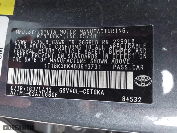 2011 Toyota Camry LE with VIN 4T1BK3EK4BU613731, listed as a IAAI auction lot 41544354 with 172,822 mi miles. Bid and sale history available at carsss.com. Image 9.