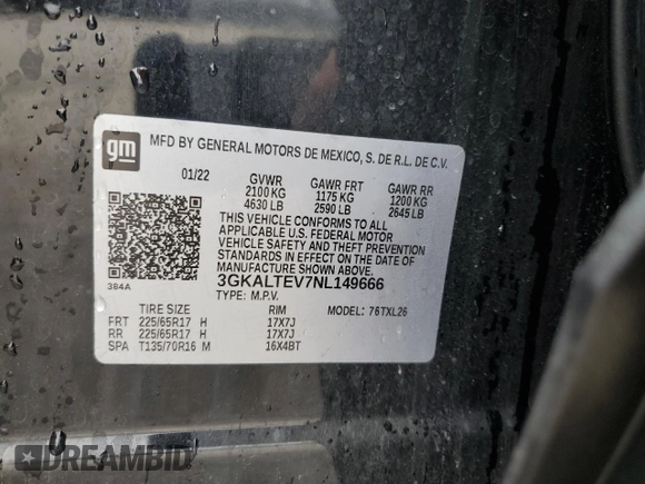 2022 GMC Terrain SLE z VIN 3GKALTEV7NL149666, wystawiony jako Copart lot #57522025 z przebiegiem 189 413 mil mil oraz Czysty tytuł • Clean title. Historia ofert i sprzedaży dostępna na DreamBid. Obrazek 13.