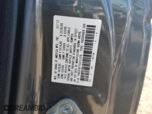 2012 Honda Accord EX with VIN 1HGCS1B77CA021578, listed as a Copart auction lot 46593995 with 150,206 mi miles and Salvage title. Bid and sale history available at DreamBid. Image 12.