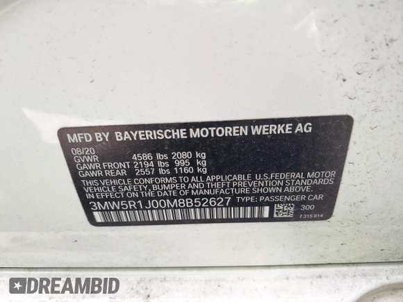 2021 BMW 3 Series 330i with VIN 3MW5R1J00M8B52627, listed as a IAAI auction lot 40722823 with 36,769 mi miles. Bid and sale history available at carsss.com. Image 9.