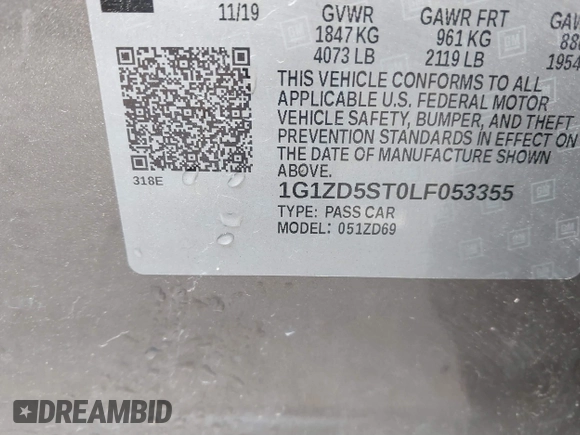 2020 Chevrolet Malibu LT with VIN 1G1ZD5ST0LF053355, listed as a IAAI auction lot 41810987 with 93,397 mi miles and . Bid and sale history available at DreamBid. Image 9.
