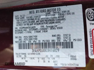 2012 Ford Fusion SEL with VIN 3FAHP0JA8CR416829, listed as a IAAI auction lot 41856983 with 57,965 mi miles and . Bid and sale history available at DreamBid. Image 9.