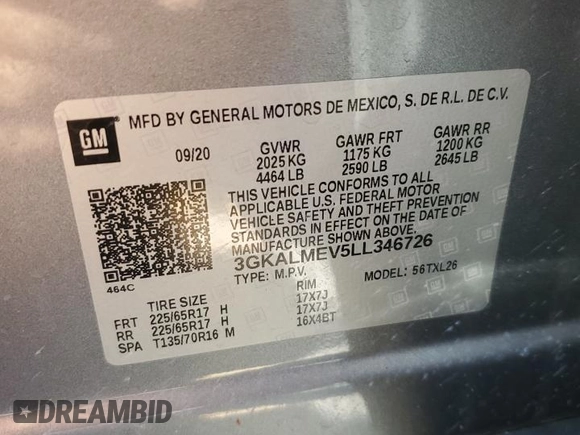 2020 GMC Terrain SLE with VIN 3GKALMEV5LL346726, listed as a Copart auction lot 49585745 with 41,554 mi miles and Salvage Title. Bid and sale history available at DreamBid. Image 15.