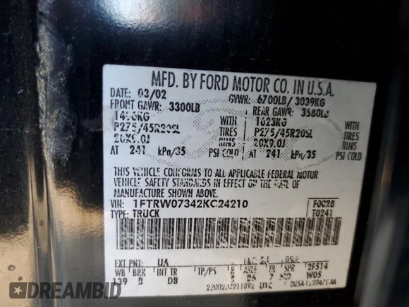 2002 Ford F-150 Harley Davidson with VIN 1FTRW07342KC24210, listed as a Copart auction lot 78489224 with 203,508 mi miles and Salvage Title. Bid and sale history available at carsss.com. Image 14.
