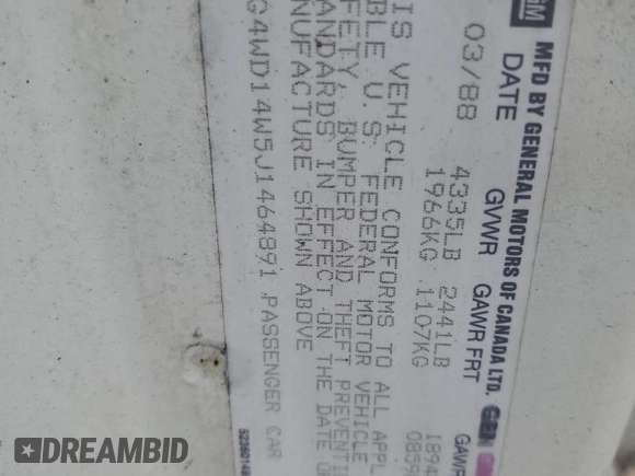 1988 Buick Regal с VIN 2G4WD14W5J1464891, выставлен на аукционе Copart как лот 61186065 с пробегом 83 990 миль миль и Чистый • Clean title. История ставок и продаж доступна на DreamBid. Изображение 12.