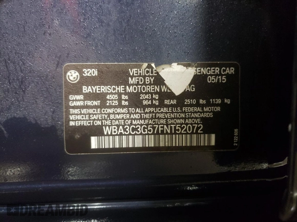 2015 BMW 3 Series 320i xDrive with VIN WBA3C3G57FNT52072, listed as a Copart auction lot 45038055 with 157,309 mi miles and Salvage Title. Bid and sale history available at carsss.com. Image 13.