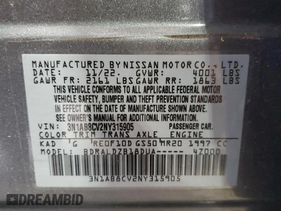 2022 Nissan Sentra SV with VIN 3N1AB8CV2NY315905, listed as a Copart auction lot 55638945 with 43,416 mi miles and Salvage Title. Bid and sale history available at DreamBid. Image 13.