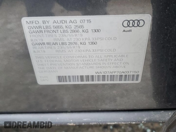 2016 Audi Q5 Premium Plus with VIN WA1D7AFP7GA037150, listed as a Copart auction lot 58072105 with 91,491 mi miles and Salvage title. Bid and sale history available at DreamBid. Image 14.
