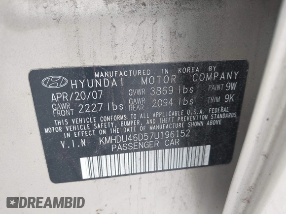 2007 Hyundai Elantra GLS z VIN KMHDU46D57U196152, wystawiony jako IAAI lot #42016255 z przebiegiem 114 553 mil mil oraz . Historia ofert i sprzedaży dostępna na DreamBid. Obrazek 9.