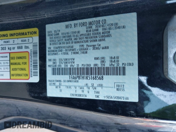 2019 Ford Mustang EcoBoost with VIN 1FA6P8TH1K5168568, listed as a IAAI auction lot 41681821 with 116,302 mi miles and . Bid and sale history available at carsss.com. Image 9.