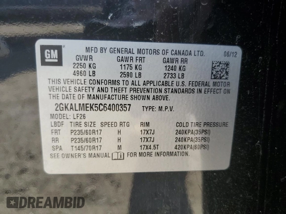2012 GMC Terrain SLE-1 z VIN 2GKALMEK5C6400357, wystawiony jako Copart lot #63252345 z przebiegiem 124 484 mil mil oraz Czysty tytuł • Clean title. Historia ofert i sprzedaży dostępna na DreamBid. Obrazek 13.