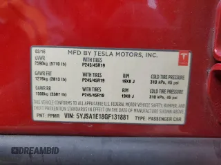 2016 Tesla Model S 70 with VIN 5YJSA1E18GF131881, listed as a Copart auction lot 54513134 with 133,785 mi miles and Salvage title. Bid and sale history available at DreamBid. Image 15.