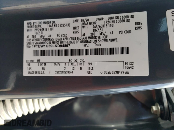 2020 Ford F-150 XL with VIN 1FTEW1C59LKD94897, listed as a Copart auction lot 49502415 with 30,509 mi miles and Salvage Title. Bid and sale history available at carsss.com. Image 12.