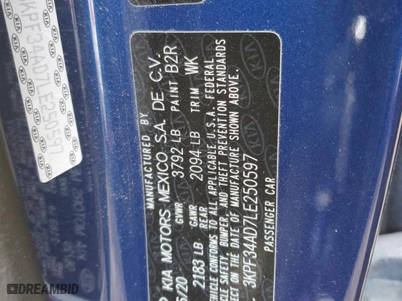 2020 Kia Forte GT-Line with VIN 3KPF34AD7LE250597, listed as a Copart auction lot 88866225 with 65,229 mi miles and Salvage Title. Bid and sale history available at carsss.com. Image 12.