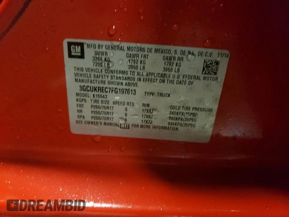 2015 Chevrolet Silverado 1500 LT with VIN 3GCUKREC7FG197613, listed as a Copart auction lot 42990495 with 190,846 mi miles and Clean Title. Bid and sale history available at carsss.com. Image 12.