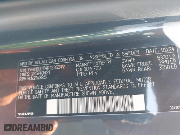 2024 Volvo XC90 Plus with VIN YV4H60LE4R1236342, listed as a IAAI auction lot 41826136 with 5,278 mi miles and . Bid and sale history available at DreamBid. Image 9.