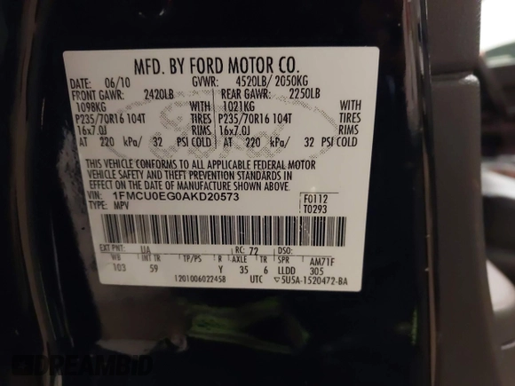 2010 Ford Escape Limited с VIN 1FMCU0EG0AKD20573, выставлен на аукционе IAAI как лот 42151580 с пробегом 225 397 миль миль и . История ставок и продаж доступна на DreamBid. Изображение 9.