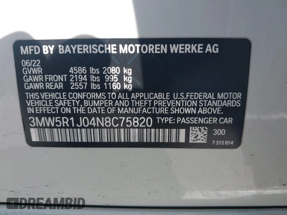 2022 BMW 3 Series 330i with VIN 3MW5R1J04N8C75820, listed as a IAAI auction lot 41702506 with 17,421 mi miles. Bid and sale history available at carsss.com. Image 9.