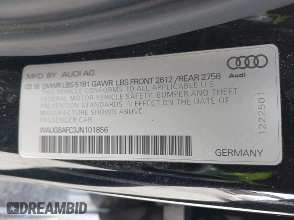 2018 Audi A6 Premium Plus with VIN WAUG8AFC3JN101856, listed as a IAAI auction lot 41589518 with 46,930 mi miles. Bid and sale history available at carsss.com. Image 9.
