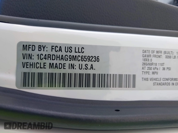 2021 Dodge Durango SXT Plus with VIN 1C4RDHAG9MC659236, listed as a IAAI auction lot 41754168 with 58,232 mi miles and . Bid and sale history available at DreamBid. Image 9.