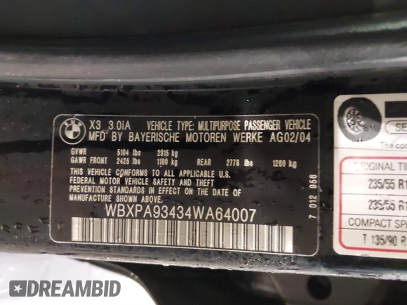 2004 BMW X3 3.0i with VIN WBXPA93434WA64007, listed as a IAAI auction lot 41420728 with 176,746 mi miles. Bid and sale history available at carsss.com. Image 9.