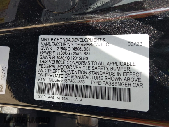 2023 Acura TLX with VIN 19UUB5F36PA002853, listed as a IAAI auction lot 42212733 with 34,432 mi miles and . Bid and sale history available at DreamBid. Image 9.