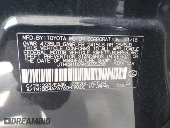 2019 Lexus IS with VIN JTHC81D29K5035258, listed as a IAAI auction lot 41907785 with 51,201 mi miles. Bid and sale history available at carsss.com. Image 9.