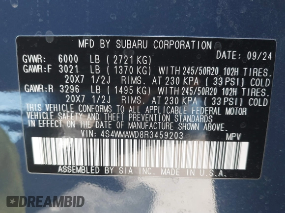2024 Subaru Ascent Touring z VIN 4S4WMAWD8R3459203, wystawiony jako IAAI lot #41773347 z przebiegiem 1 807 mil mil oraz . Historia ofert i sprzedaży dostępna na DreamBid. Obrazek 9.
