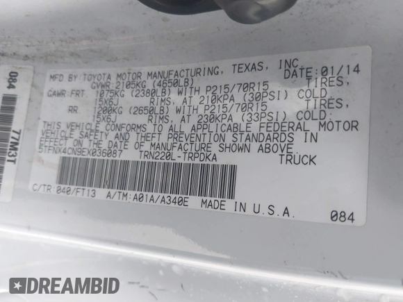 2014 Toyota Tacoma with VIN 5TFNX4CN9EX036087, listed as a IAAI auction lot 42135571 with 179,236 mi miles and . Bid and sale history available at DreamBid. Image 9.