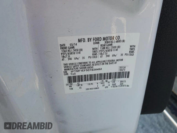 2014 Ford F-150 XL with VIN 1FTMF1EF5EFB30492, listed as a Copart auction lot 53055775 with 179,950 mi miles and Salvage title. Bid and sale history available at DreamBid. Image 14.
