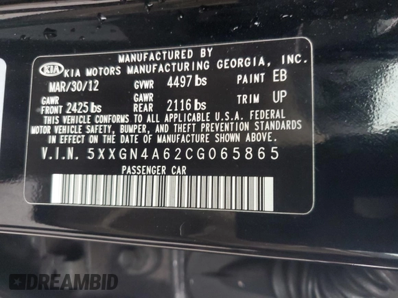 2012 Kia Optima EX with VIN 5XXGN4A62CG065865, listed as a Copart auction lot 44146225 with 141,767 mi miles and Salvage Title. Bid and sale history available at carsss.com. Image 14.