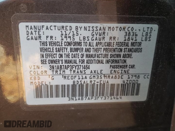 2015 Nissan Sentra SR with VIN 3N1AB7AP3FY371464, listed as a Copart auction lot 48753865 with 113,048 mi miles and Salvage Title. Bid and sale history available at DreamBid. Image 14.