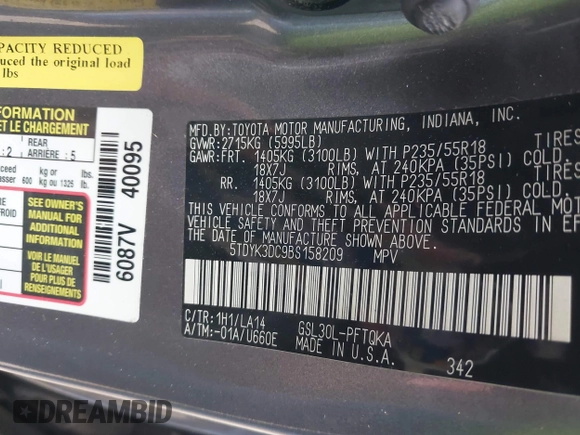 2011 Toyota Sienna XLE AAS with VIN 5TDYK3DC9BS158209, listed as a IAAI auction lot 42163526 with 107,385 mi miles and . Bid and sale history available at DreamBid. Image 9.
