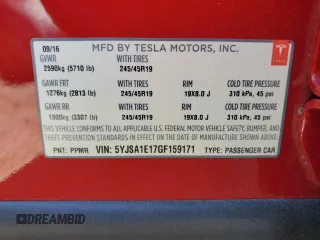 2016 Tesla Model S 70 with VIN 5YJSA1E17GF159171, listed as a Copart auction lot 57258495 with 119,849 mi miles and Salvage title. Bid and sale history available at DreamBid. Image 14.