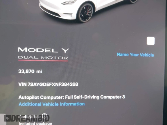 2022 Tesla Model Y Performance with VIN 7SAYGDEFXNF384268, listed as a IAAI auction lot 41558359 with 33,870 mi miles and . Bid and sale history available at DreamBid. Image 7.