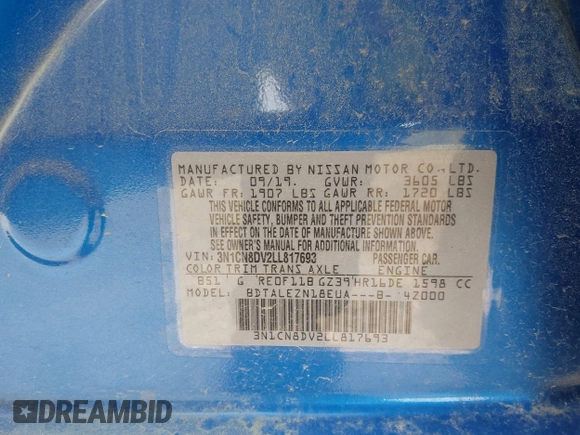 2020 Nissan Versa S z VIN 3N1CN8DV2LL817693, wystawiony jako IAAI lot #41591773 z przebiegiem 60 866 mil mil oraz . Historia ofert i sprzedaży dostępna na DreamBid. Obrazek 9.
