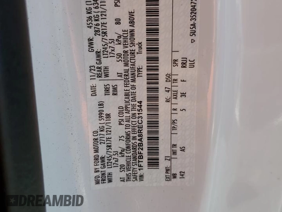 2024 Ford F-250 XL with VIN 1FTBF2BA8REC31544, listed as a Copart auction lot 53802115 with Not provided miles and Salvage title. Bid and sale history available at DreamBid. Image 12.