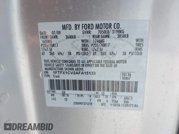 2010 Ford F-150 XL z VIN 1FTFX1CV2AFA15133, wystawiony jako IAAI lot #42555374 z przebiegiem 217 748 mil mil oraz . Historia ofert i sprzedaży dostępna na DreamBid. Obrazek 9.