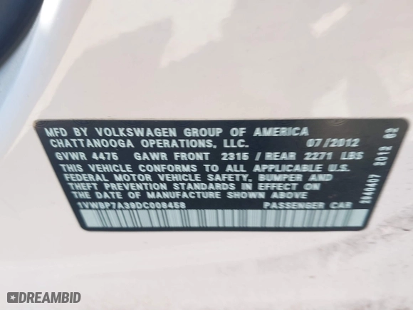 2013 Volkswagen Passat SE with VIN 1VWBP7A39DC008458, listed as a IAAI auction lot 37374231 with 1 mi miles. Bid and sale history available at carsss.com. Image 9.