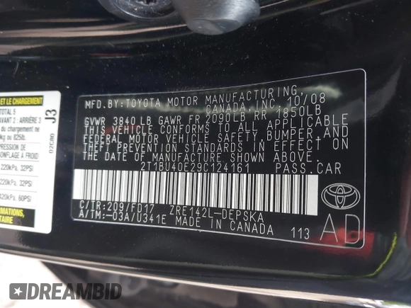 2009 Toyota Corolla with VIN 2T1BU40E29C124161, listed as a IAAI auction lot 41091324 with 128,310 mi miles. Bid and sale history available at carsss.com. Image 9.