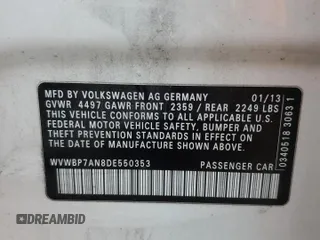 2013 Volkswagen CC Sport Plus с VIN WVWBP7AN8DE550353, выставлен на аукционе Copart как лот 49261735 с пробегом 88 709 миль миль и Чистый • Clean title. История ставок и продаж доступна на DreamBid. Изображение 12.